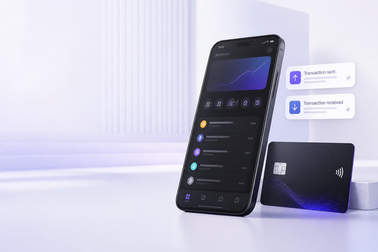 Mobile crypto wallet app showing balances and transaction alerts, with a payment card alongside
